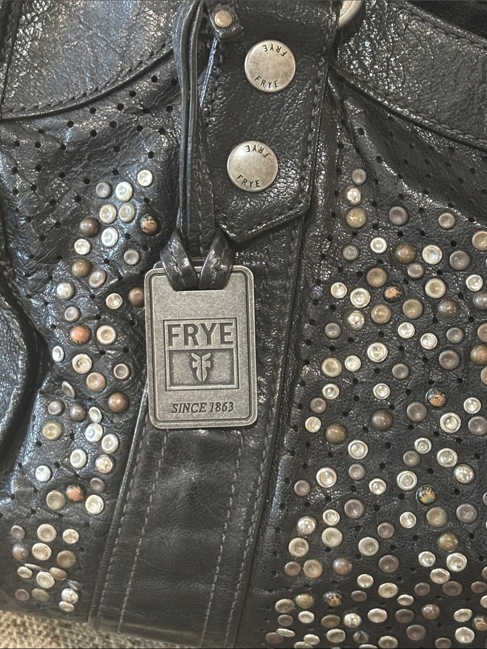 FRYE (rare!) Deborah Studded Black Leather Large Satchel w/ crossbody strap - Picture 3 of 8